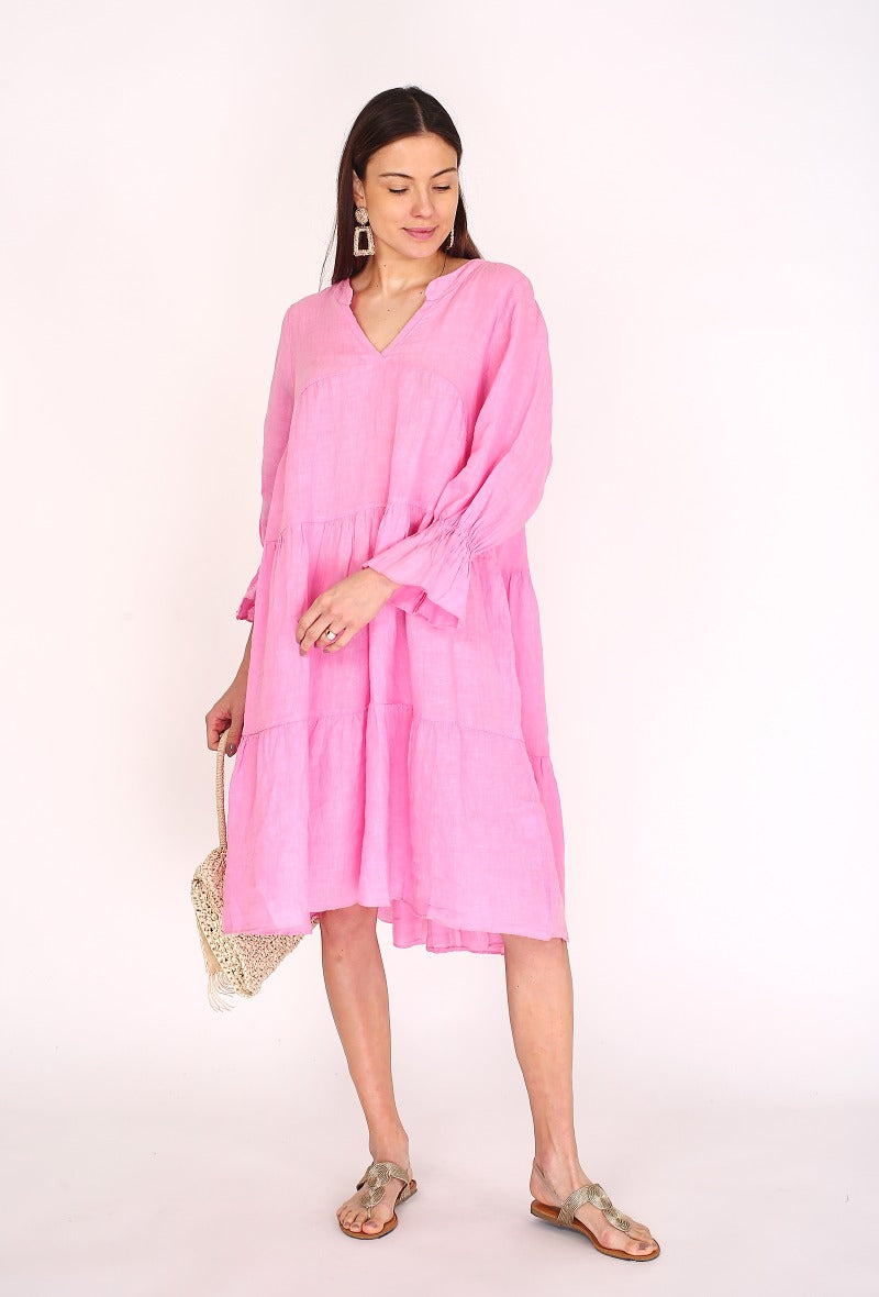 Rožinė lininė suknelė