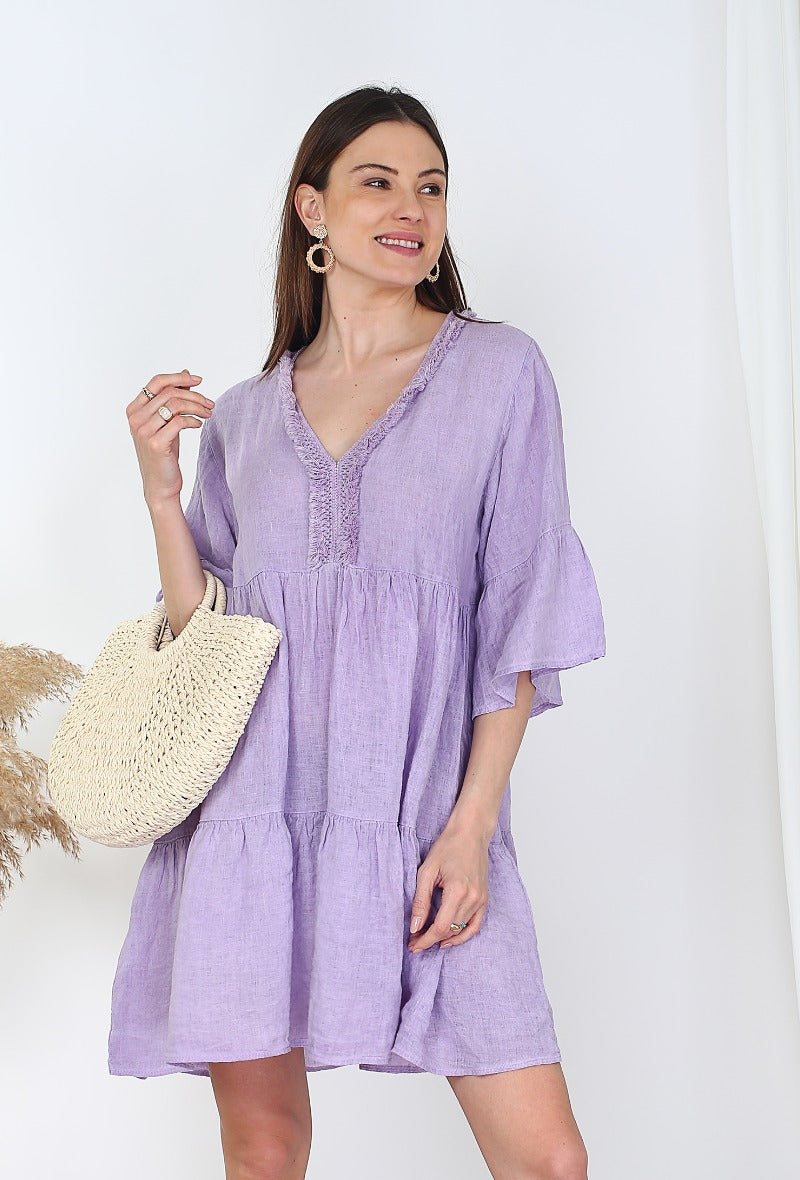 Laisvo stiliaus lininė suknelė, violetinė